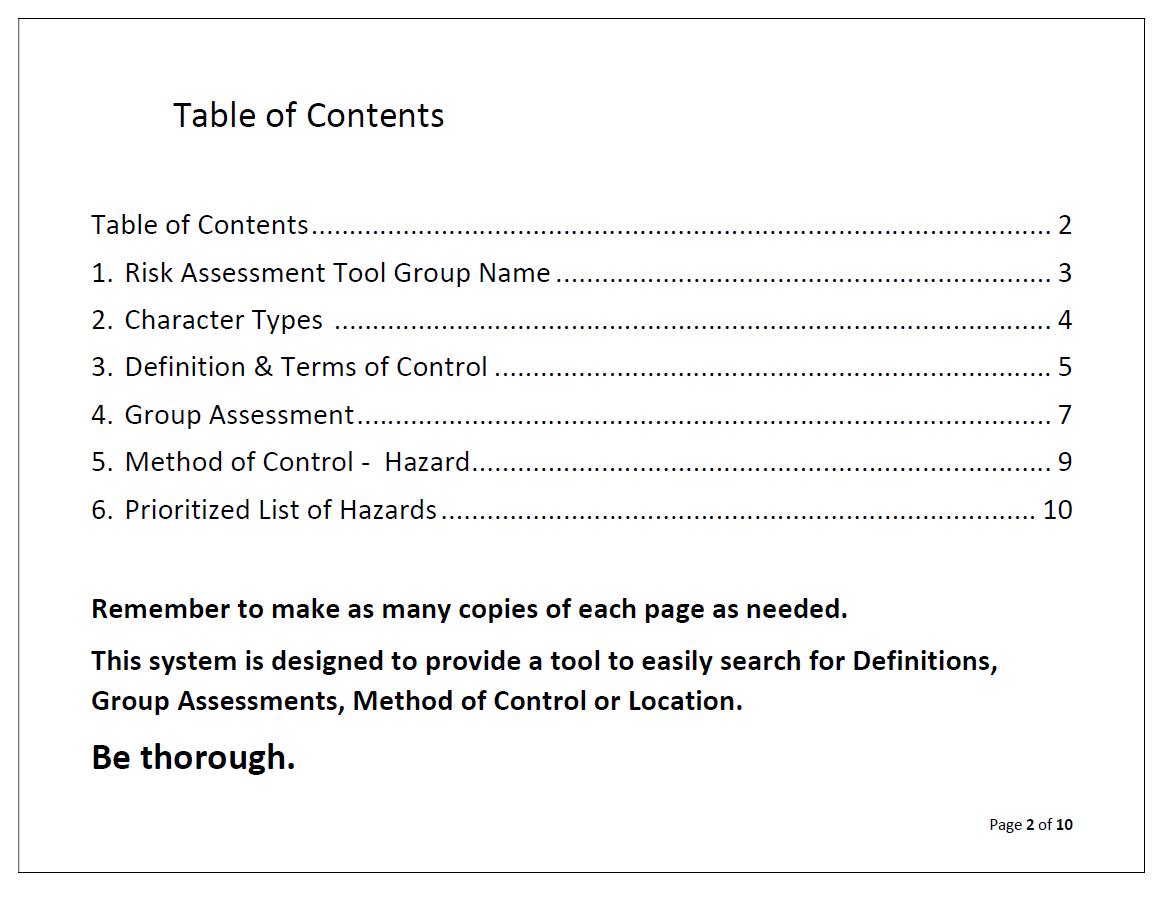 p.2 Hazard and Risk Table of Contents